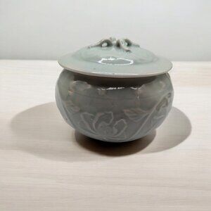 Vintage Handmade Celadon Tureen Covered Serving Bowl Dimensional
